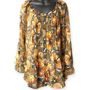 Grace Elements Womens L Top Button Down Animal Print Butterfly Lined Pockets